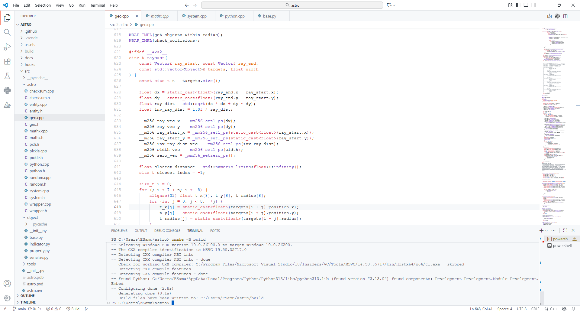 Development of the game with Visual Studio Code. Normally I would have used Visual Studio but because the project had a lot of Python code I used Visual Studio Code instead. The Microsoft Visual C++ MSVC compiler was used to compile code with CMake as a build system.